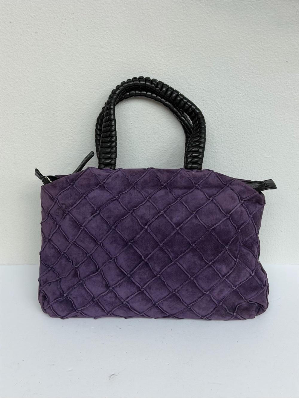 Giorgio Armani Purple Suede Woven Leather Top Handle Handbag Made in Italy